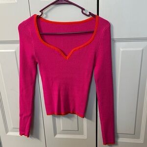 SHEIN Pink Ribbed Long Sleeve Top with Orange Trim